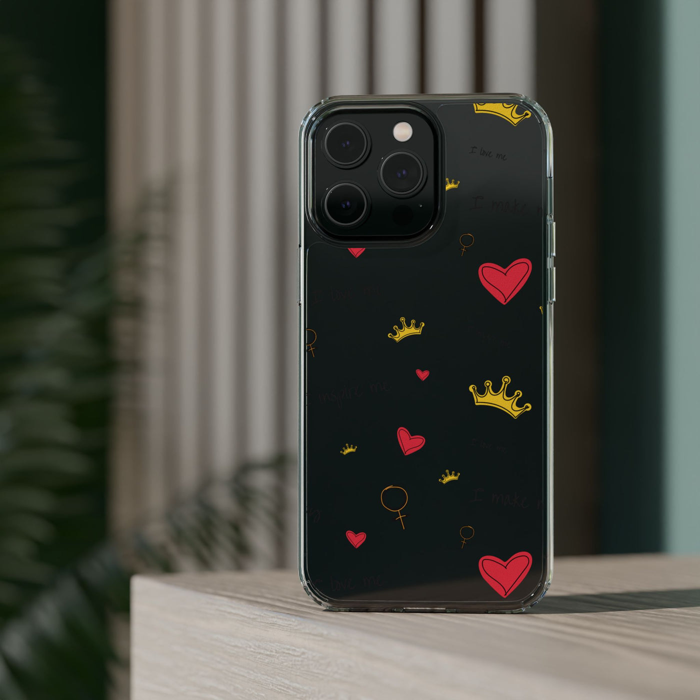 Inspirational Clear Phone Case with Hearts and Crowns