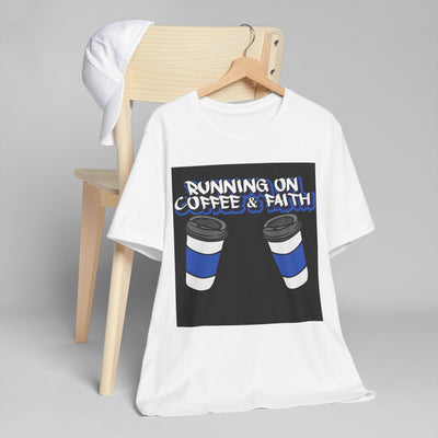 Running on Coffee & Faith Unisex Jersey T-Shirt - Perfect for Coffee Lovers & Faithful Souls