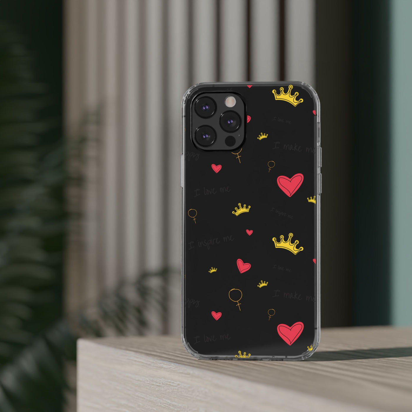 Inspirational Clear Phone Case with Hearts and Crowns