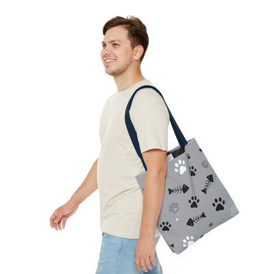 Cute Pet-Themed Tote Bag with Paws and Fish Design