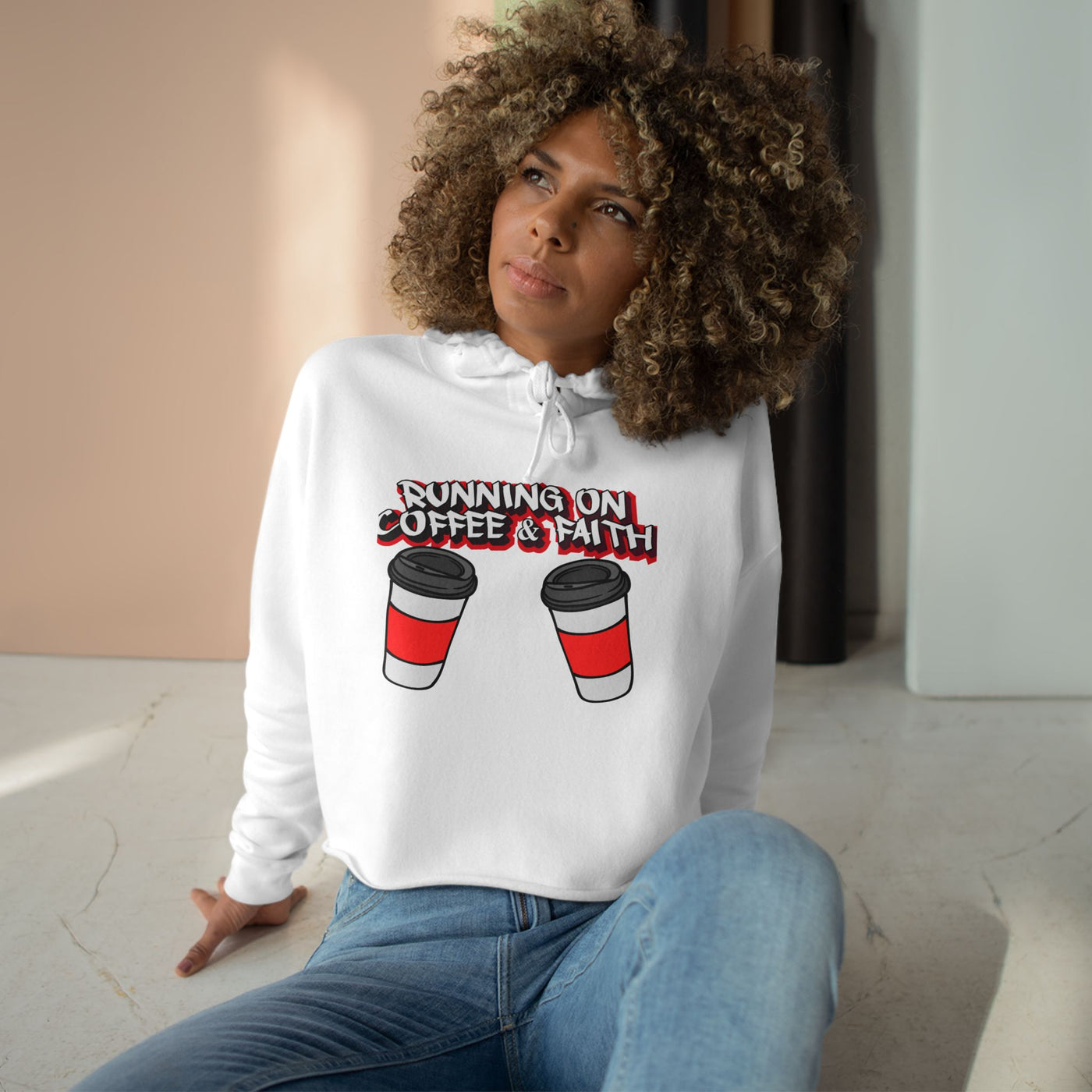 Running on Coffee & Faith Crop Hoodie - Cozy Sweatshirt for Coffee Lovers