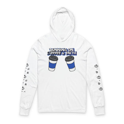 Unisex Hooded Long Sleeve Tee - Running on Coffee & Faith, Cozy Everyday Wear, Perfect for Coffee Lovers, Gift for Friends