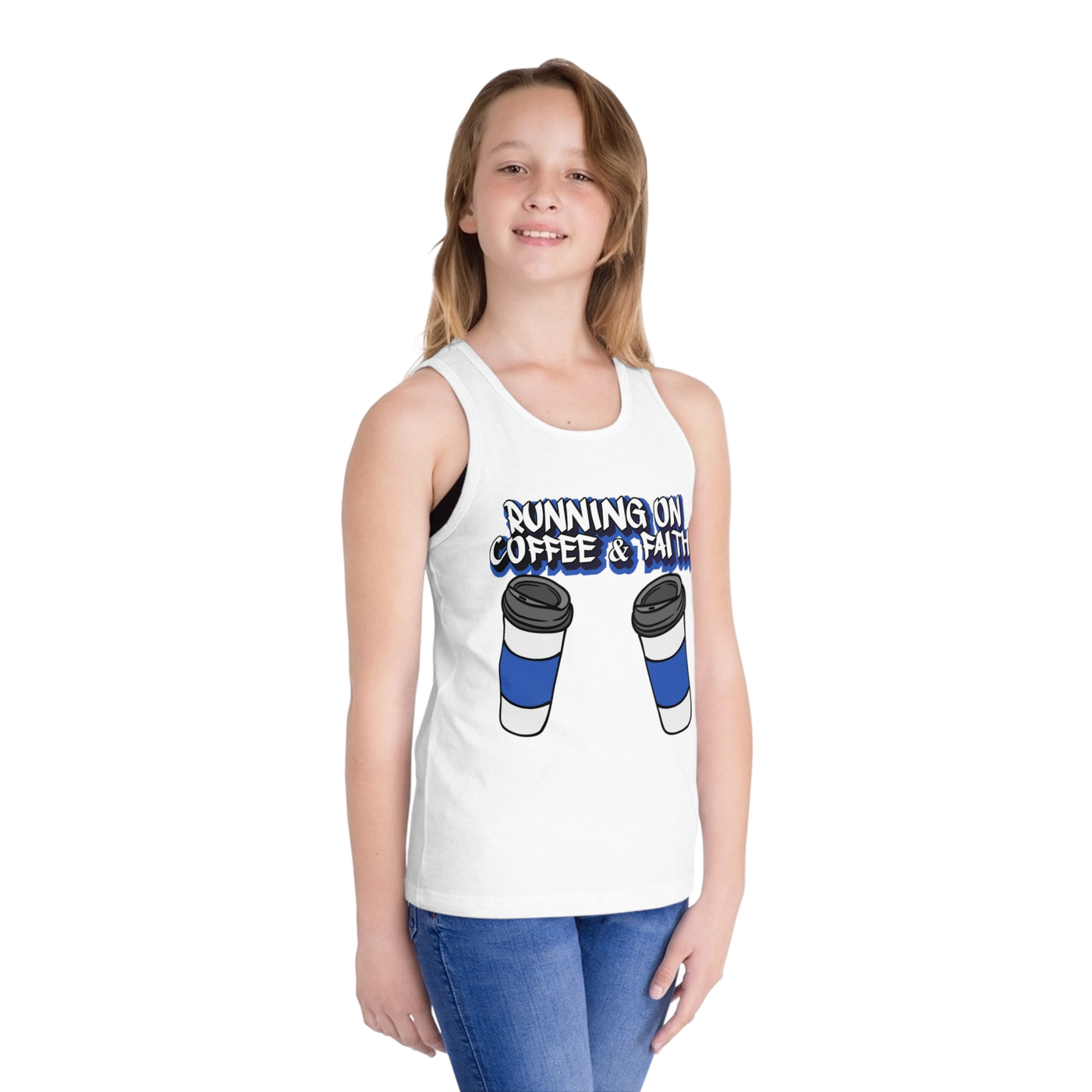 Kids' Coffee & Faith Jersey Tank Top, Cute Summer Tee, Back-to-School Shirt, Birthday Gift, Faith-Inspired Kids Clothing