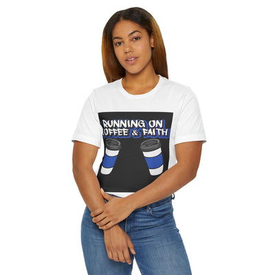 Running on Coffee & Faith Unisex Jersey T-Shirt - Perfect for Coffee Lovers & Faithful Souls